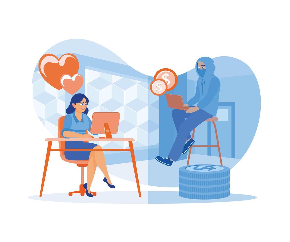 jong vrouw dating online met nep vriendje Aan computer. internet fraude. online dating concept. vlak vector illustratie.