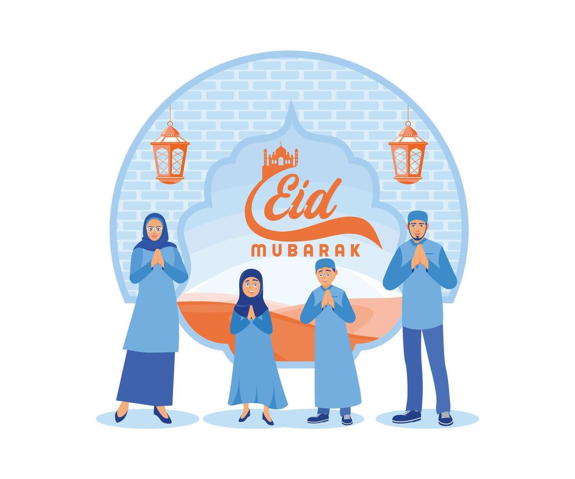 een vrolijk moslim familie viert eid al fitr samen. gelukkig eid mubarak concept. vlak vector modern illustratie