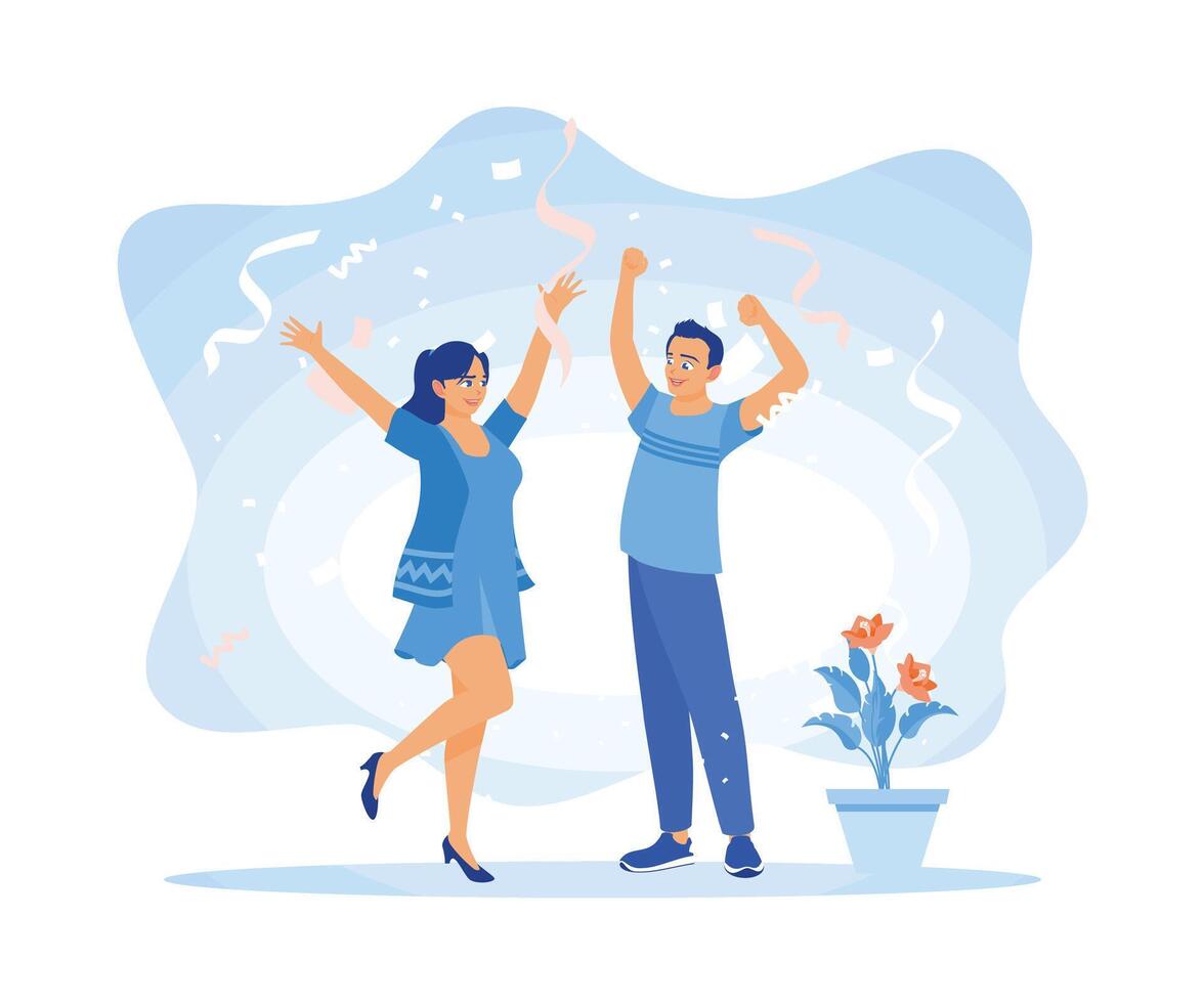 mannen en Dames vieren geluk samen. verheven handen met vliegend confetti. viering concept. vector illustratie.