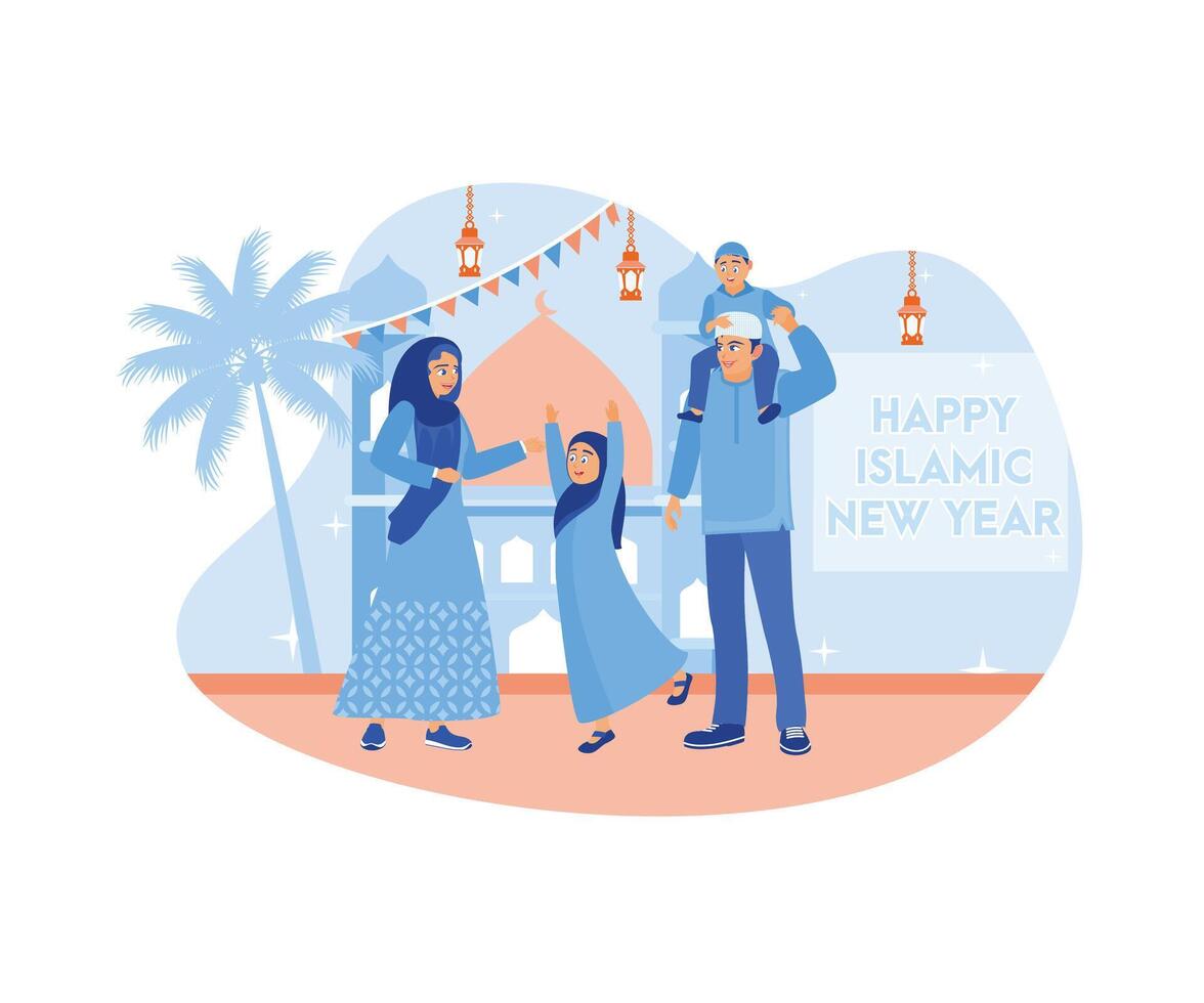 gelukkig moslim familie vieren de Islamitisch nieuw jaar. decoraties van vlaggen en lantaarns zijn in de omgeving van de moskee. Ramadan kareem concept. vlak vector illustratie.