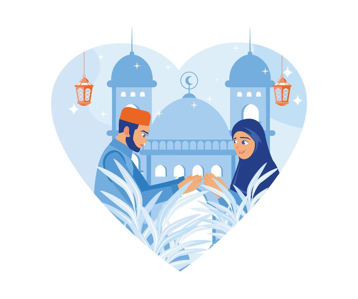 gelukkig moslim familie gastvrij eid al geschikt. vieren zege na een maand van vasten. gelukkig eid mubarak concept. vector