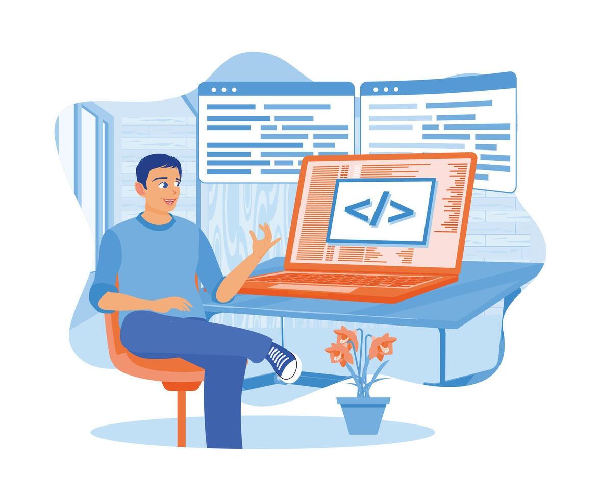 een mannetje ontwerper is ontwikkelen programmering en codering technologie Aan laptop schermen. een Mens werken in een software ontwikkeling bedrijf. software ontwikkelaars concept. vlak vector illustratie.