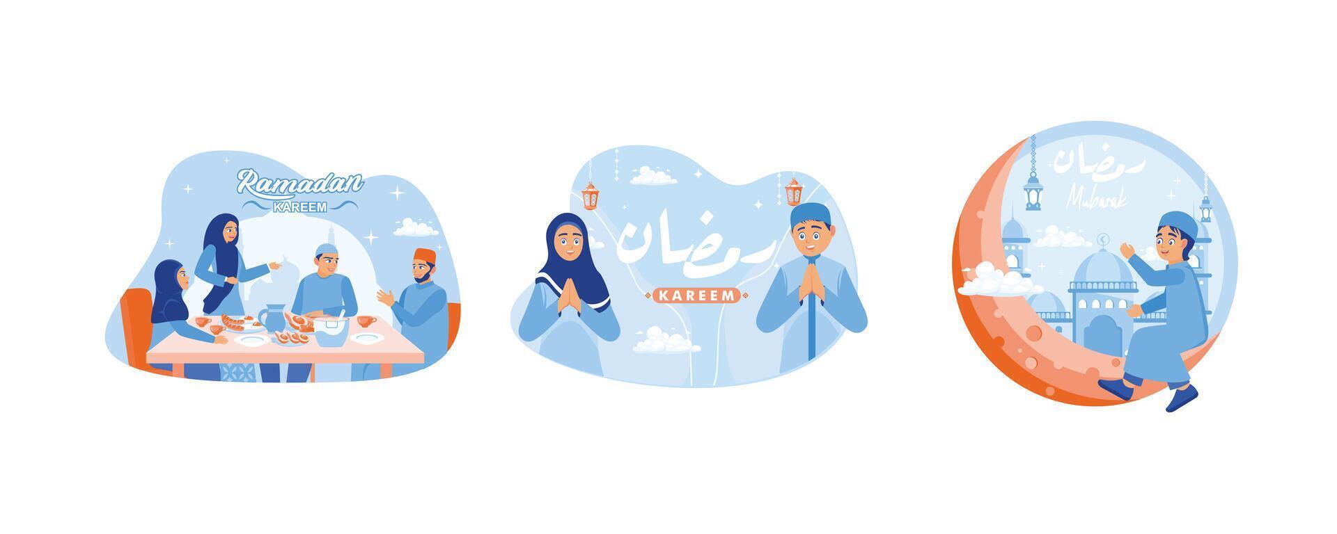 moslim gezinnen breken de snel samen gedurende de maand van Ramadan. moslim mannen en Dames begroeten en wens Ramadan kareem. gelukkig naar Welkom de komt eraan maand van Ramadan. Ramadan kareem concept. vector