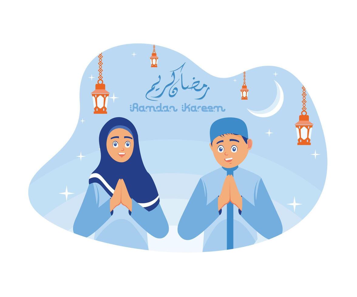 glimlachen jongen en meisje zetten handen Aan borst. welkom, en ik wens u Ramadan, kareem. Ramadan kareem en Ramadan mubarak groet ontwerp concept. vlak vector modern illustratie