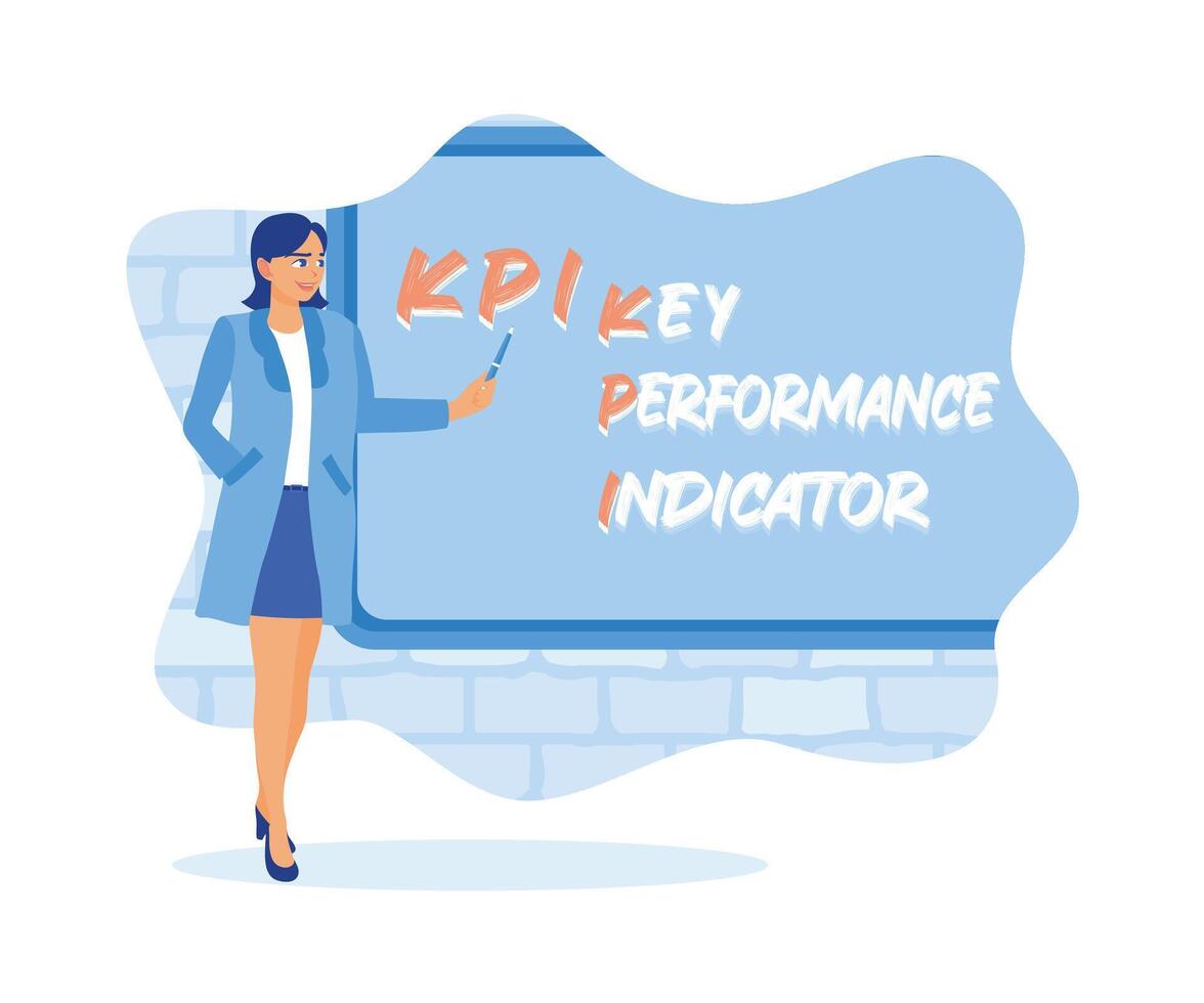 zakenvrouw slips medewerkers over kpi's in de kantoor. slim kpi concept. vlak vector modern illustratie