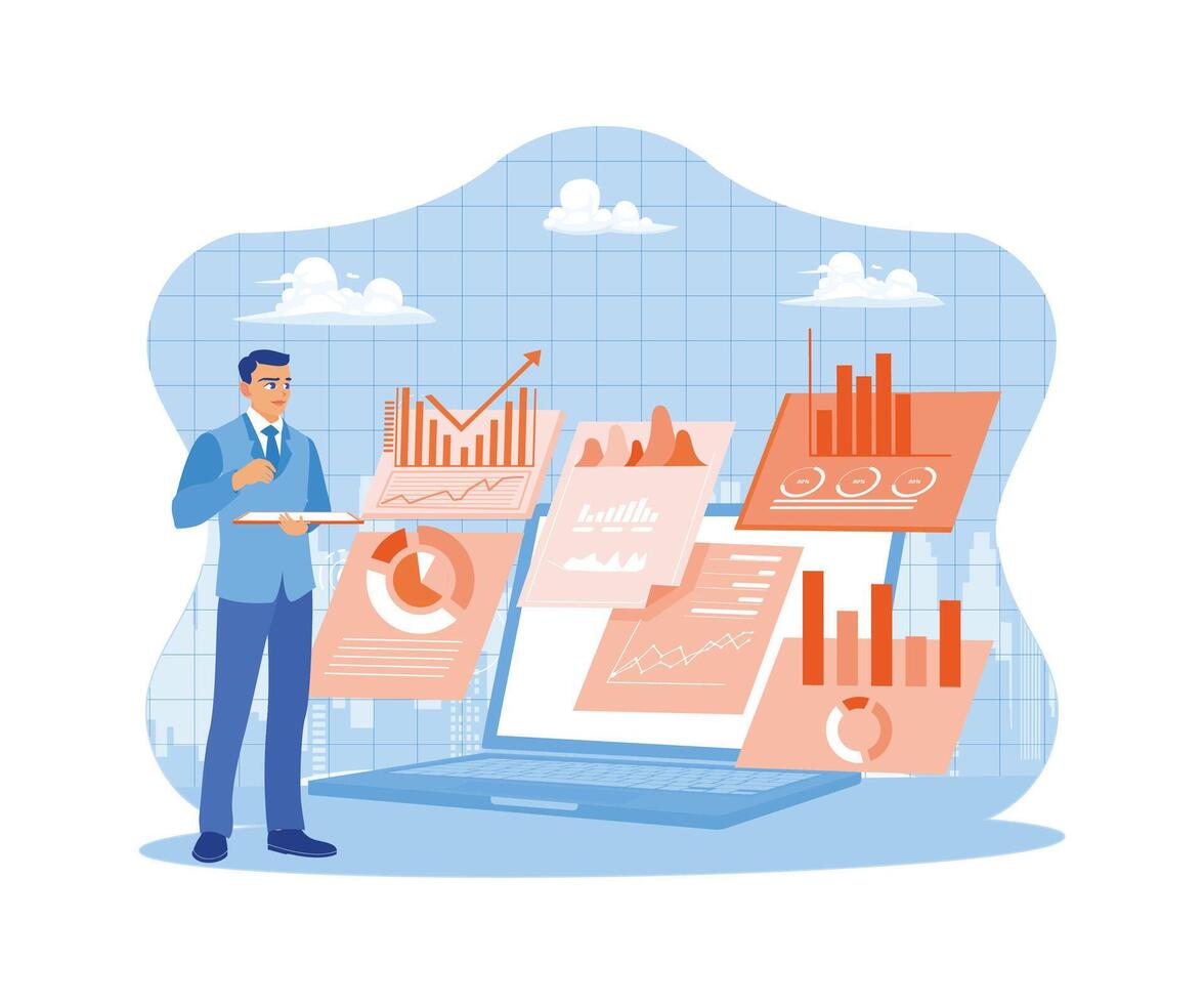 zakenman toepassingen een laptop en digitaal tablet met financieel rapporten, groot gegevens technologie, analyse dashboards, financiën, en gegevens wetenschap. bedrijf intelligentie- technologie en groot gegevens concept. vector