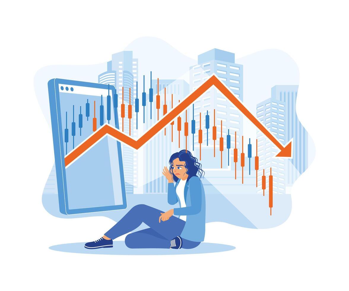 een zakenvrouw met een verdrietig gezicht is zittend Aan de verdieping tegen de achtergrond van kandelaar grafieken en kantoor gebouwen. analyseren een afnemend voorraad markt. voorraad handel concept. vector