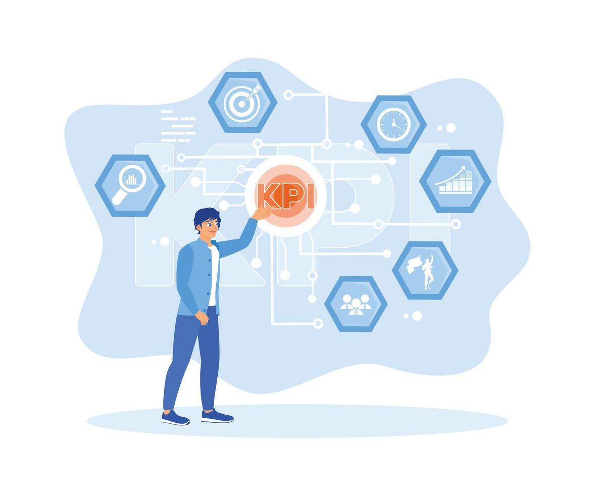 de man's hand- is drukken de kpi knop Aan de scherm. meten de prestatie van gepland bedrijf doelen. kpi concept. vlak vector modern illustratie