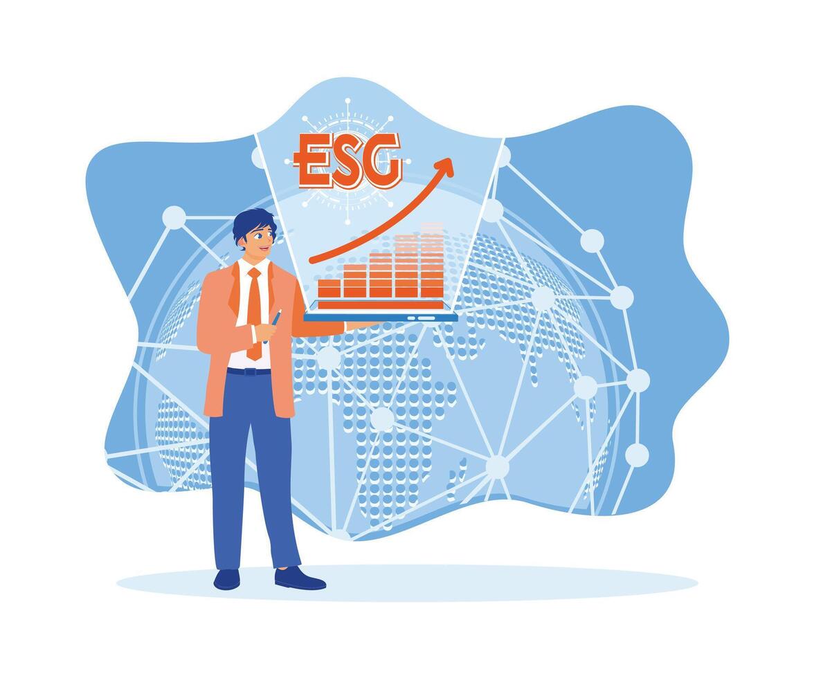 zakenman tonen esg diagram Aan scherm. esg milieu sociaal bestuur bedrijf strategie investering concept. de concept van esg icoon. vlak vector modern illustratie