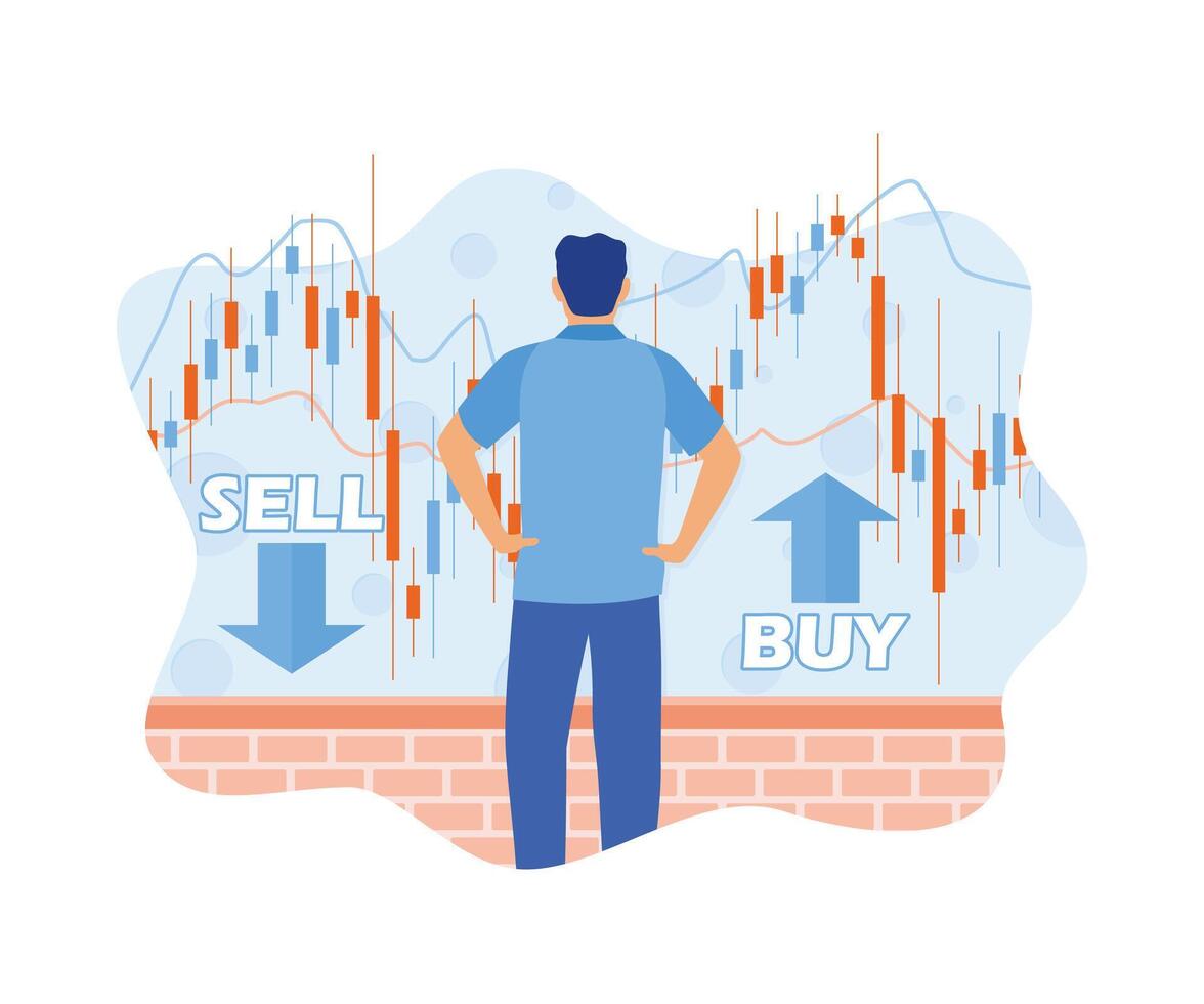 Mens analyses de voorraad markt. bepalen buying en verkoop opties Aan de virtueel scherm. voorraad handel concept. vlak vector modern illustratie