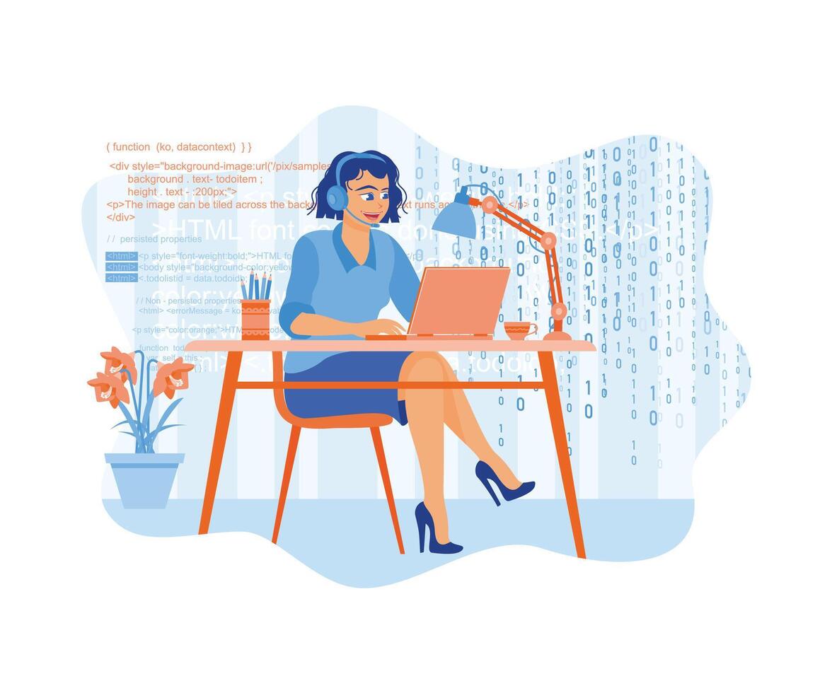 jong vrouw werken Aan laptop terwijl luisteren naar muziek. werk Bij nacht. software ontwikkelaars concept. vlak vector modern illustratie