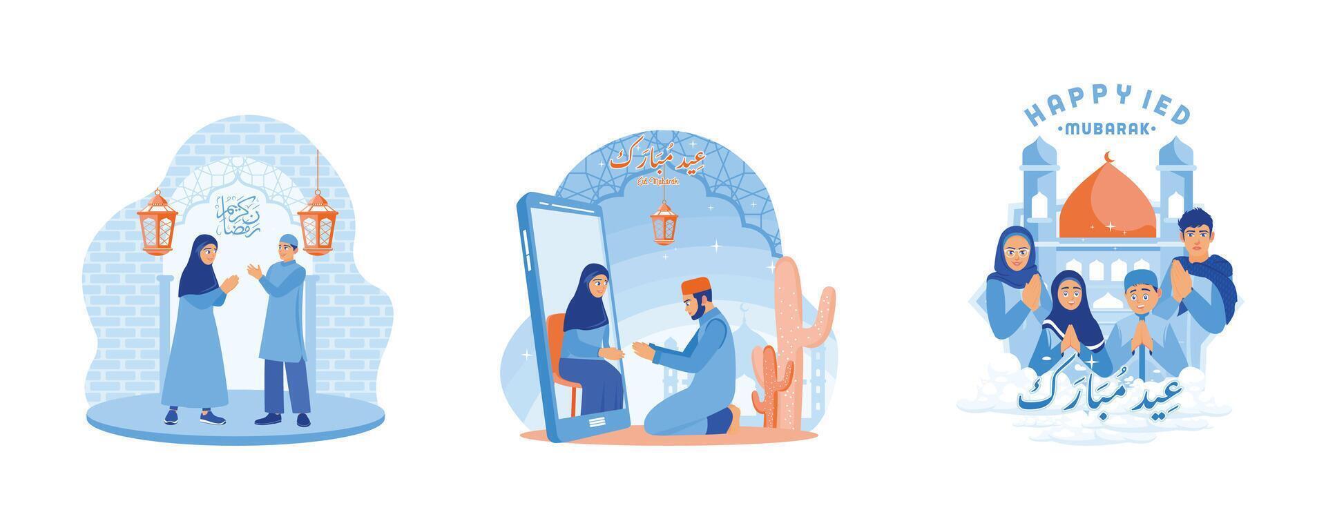 gelukkig Ramadan en eid al-fitr. zoon verontschuldigt zich naar zijn ouders via cel telefoon. moslim gezinnen vergeven elk ander. gelukkig eid mubarak concept. reeks vlak vector illustratie