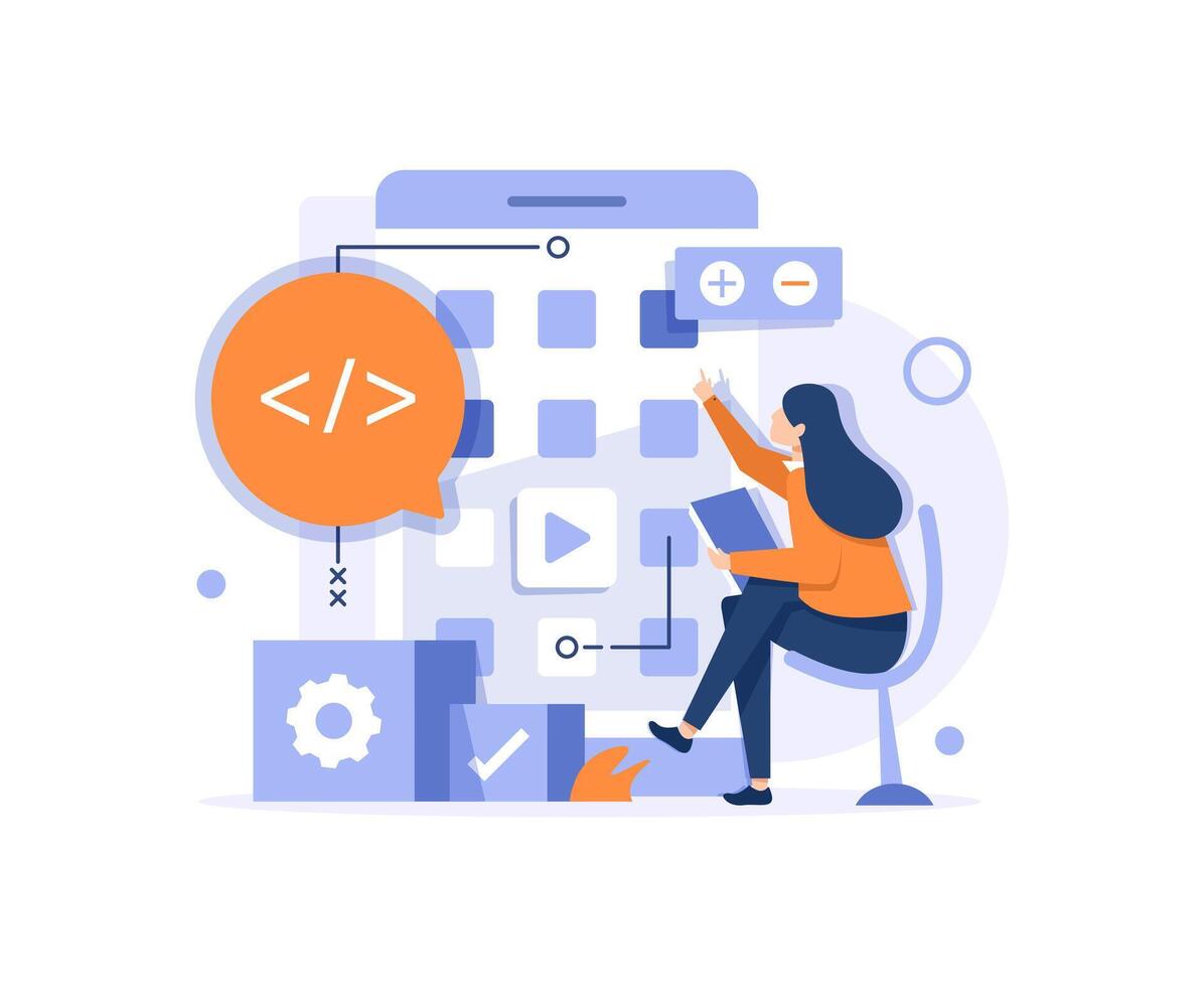 mobiel toepassing ontwikkeling werkwijze vlak vector illustratie. software api prototyping en testen achtergrond. smartphone koppel gebouw werkwijze