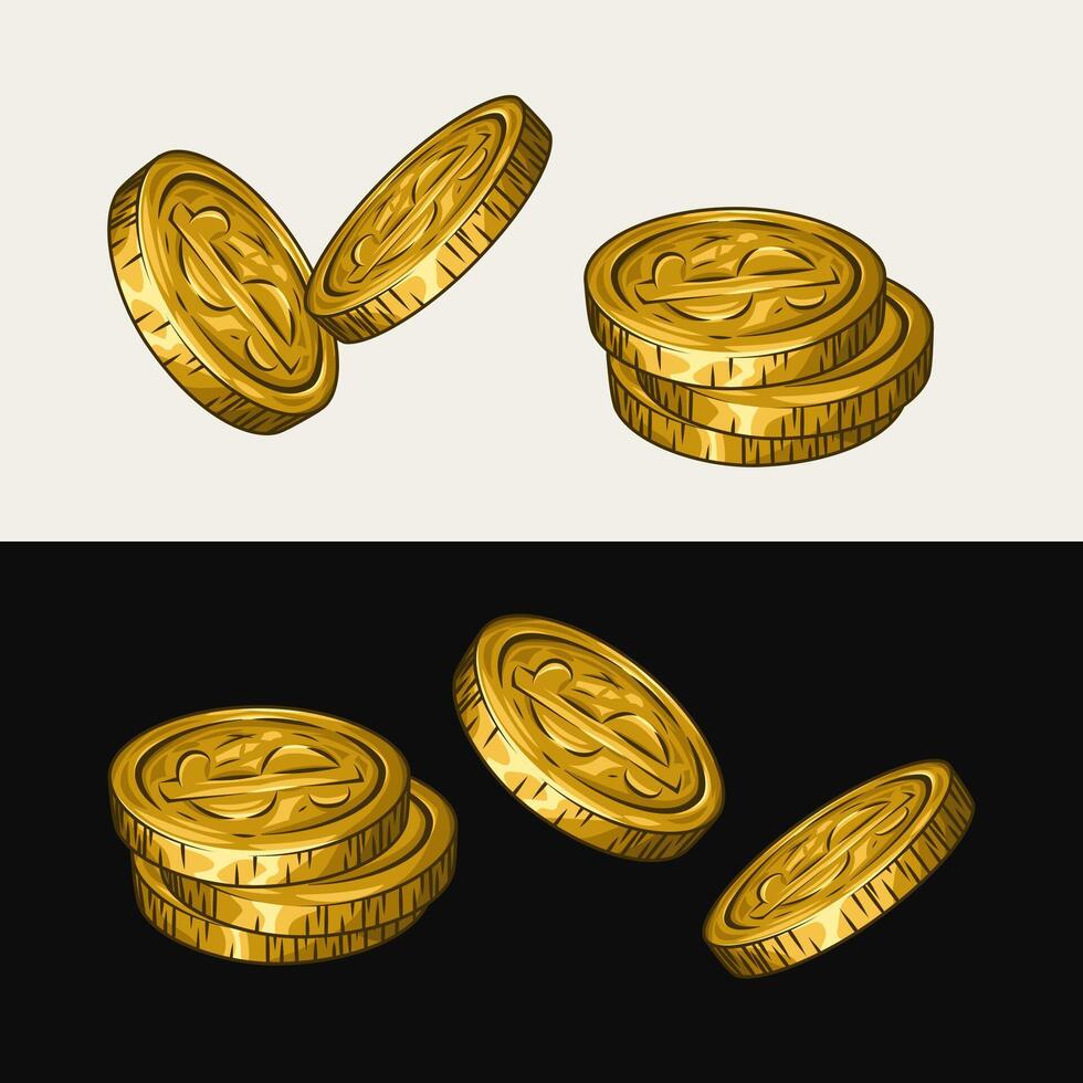 reeks van glimmend goud munten met dollar teken. gouden geld set. gedetailleerd vector illustratie in wijnoogst stijl Aan zwart, wit achtergrond