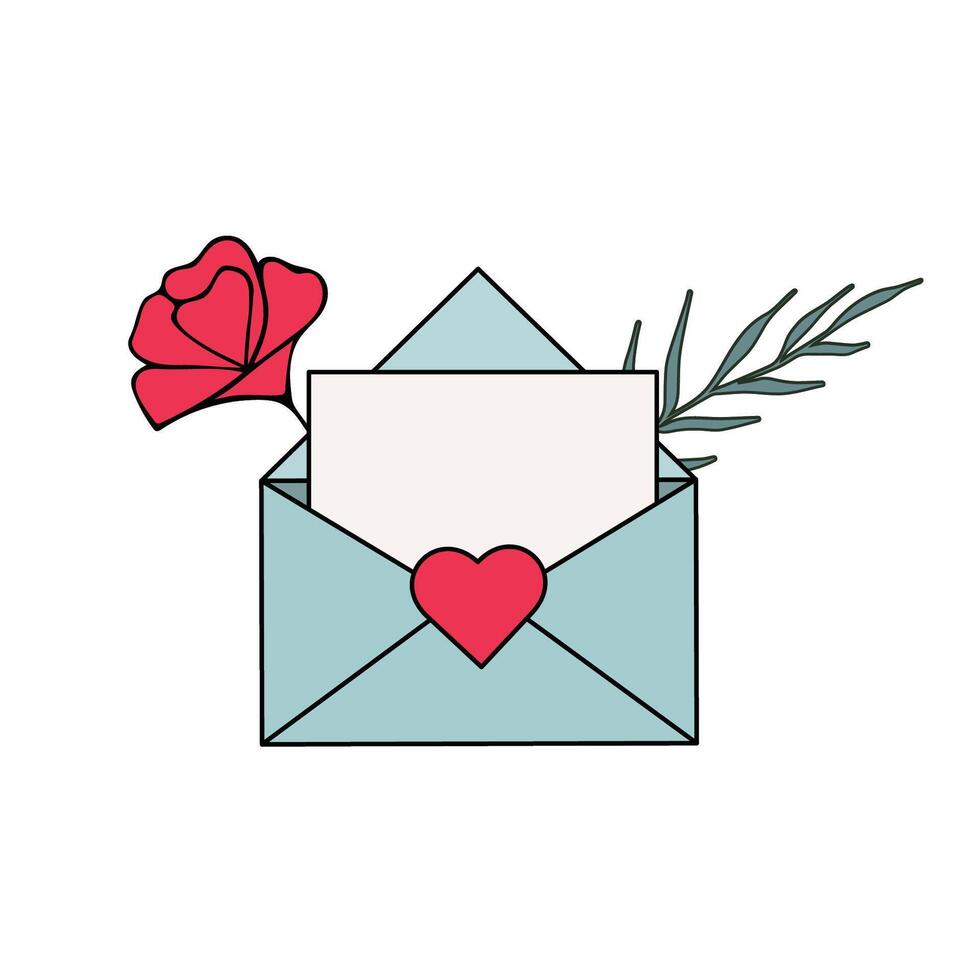 een blauw Open envelop met een brief versierd met bloemen. vector