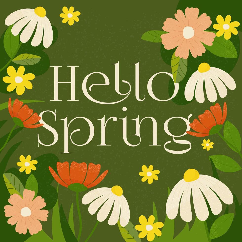 Hallo lente, vers trending voorjaar seizoen belettering met bloemen voor groet kaart, post. retro belettering banier poster sjabloon achtergrond vector