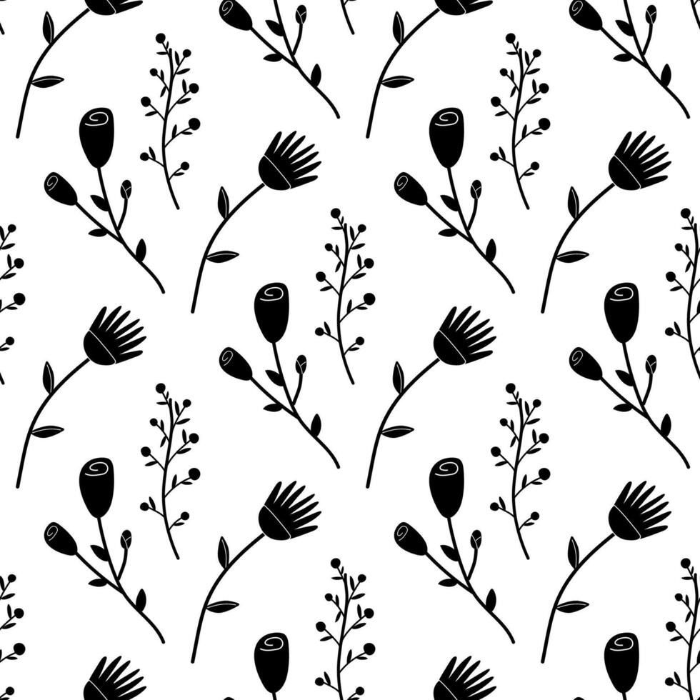 naadloos bloemen voorjaar bloemen silhouetten zwart wit. vector illustratie. voor uw ontwerp, omhulsel papier, kleding stof.