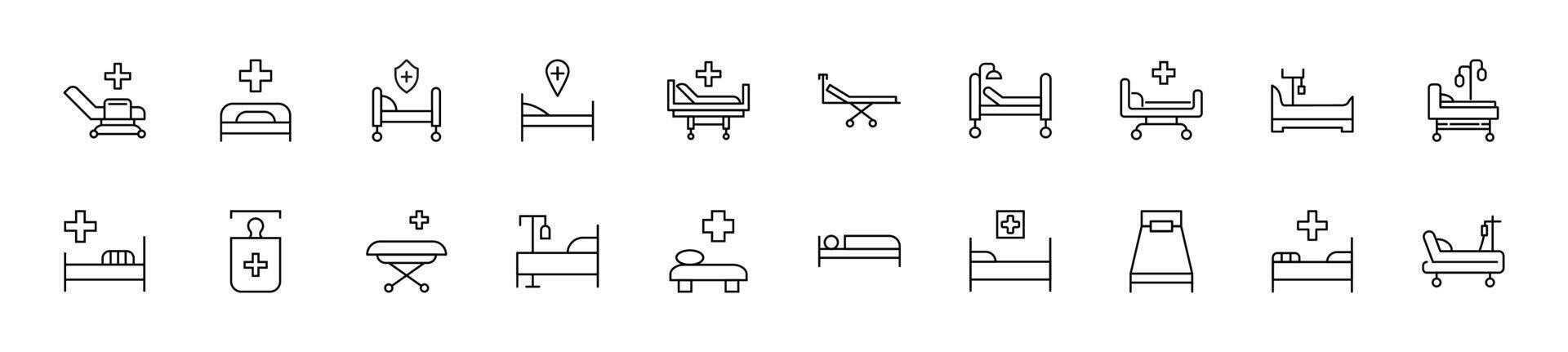 verzameling van dun lijn pictogrammen van ziekenhuis bed. lineair teken en bewerkbare hartinfarct. geschikt voor web plaatsen, boeken, Lidwoord vector