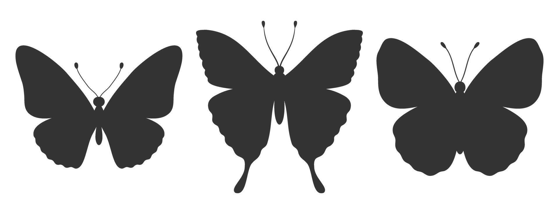 reeks van drie vlinder silhouetten. insect pictogrammen, tatoeages. gemakkelijk zwart vormen van vlinders en motten. vector illustratie