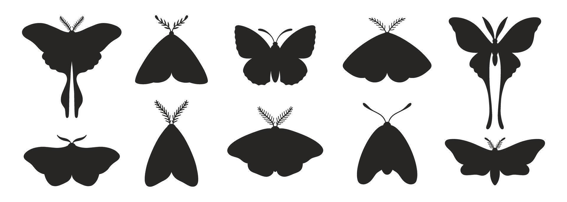 wijnoogst vlinder silhouetten reeks geïsoleerd Aan een wit achtergrond. gemakkelijk zwart vlinders en motten. vector illustratie, insect pictogrammen