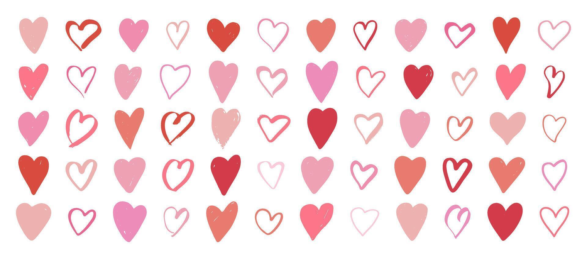 harten groot set, rood, roze kleuren. symbolen van Valentijnsdag dag, liefde, romantisch. hand getekend harten verzameling, vector illustratie