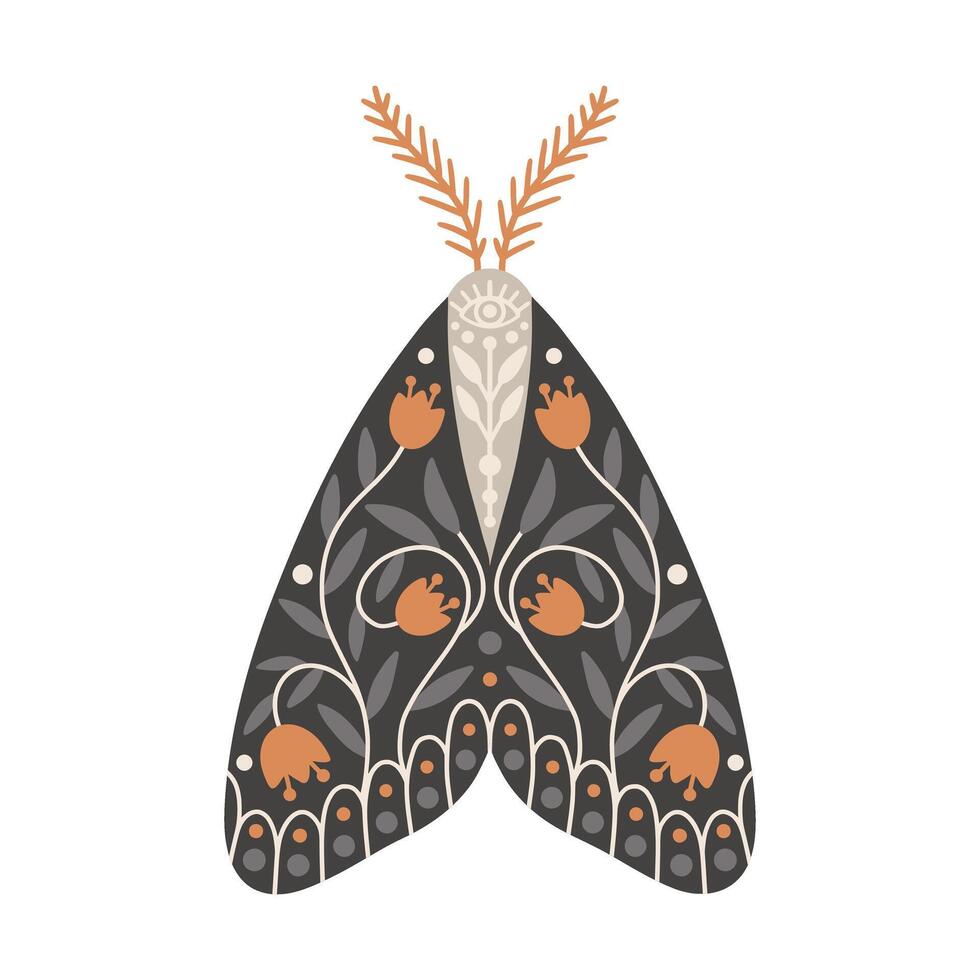 mot icoon met ornament van bloemen en bladeren. wijnoogst mystiek mot of vlinder. vliegend hemel- insect, vector illustratie