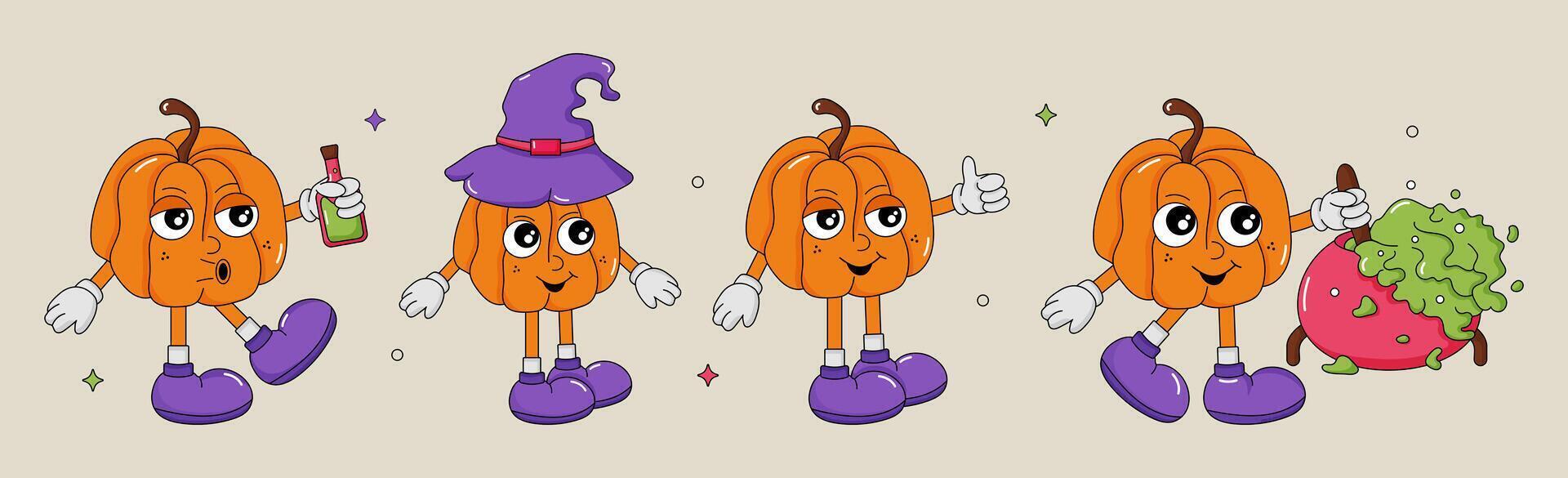 tekenfilm groovy halloween personage set. reeks van wijnoogst retro tekens in hippie jaren 70 stijl. retro pompoen, pompoen met hoed en toverdrank vector