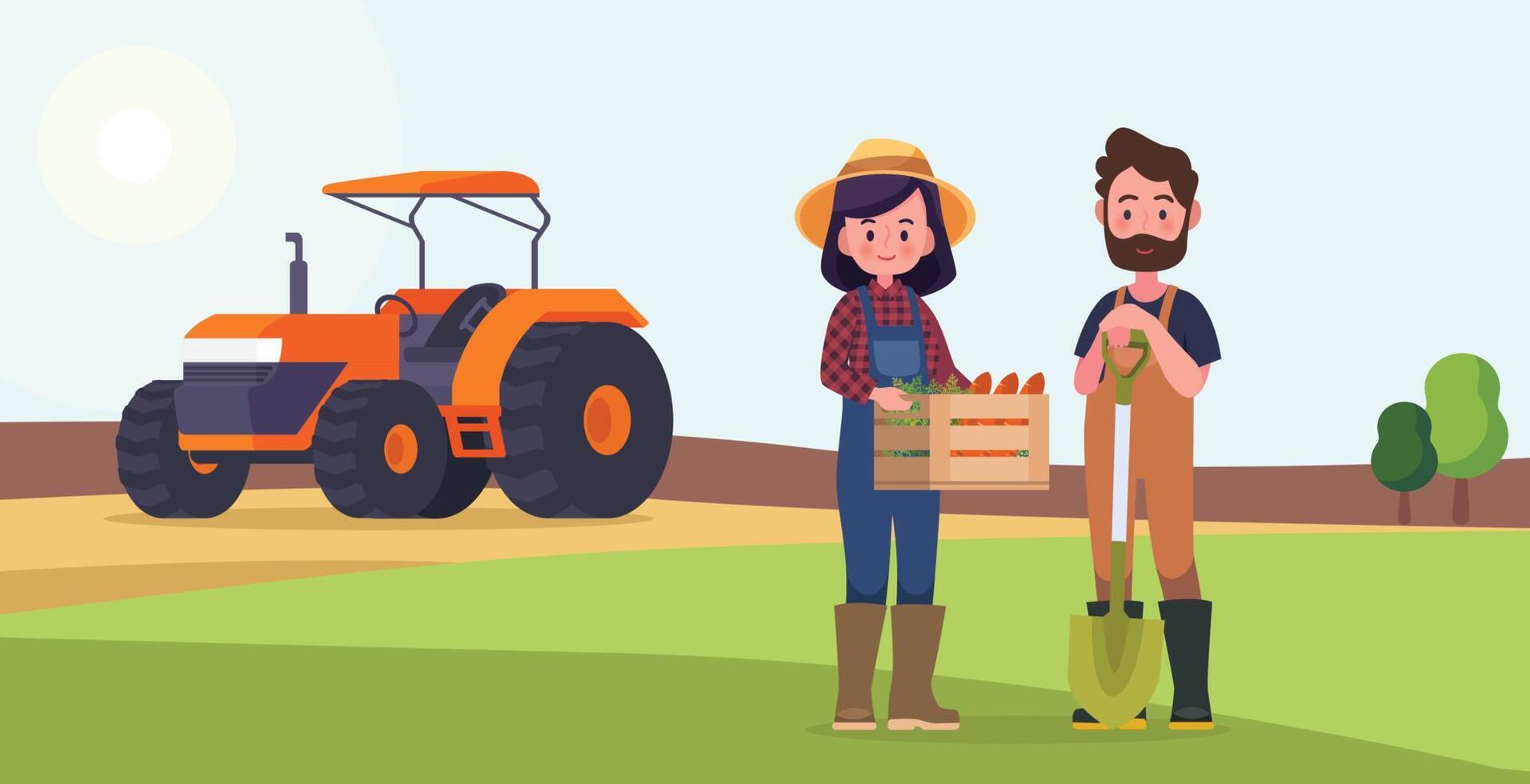 paar boeren Aan de achtergrond van een veld- en een tractor. agrarisch werk. vector illustratie in tekenfilm stijl