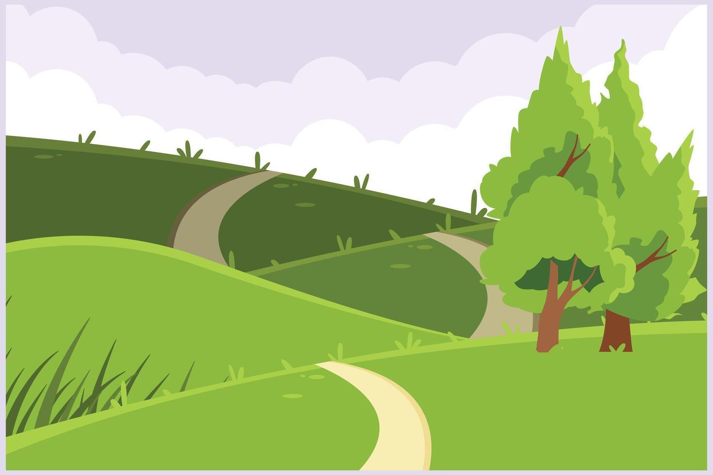 landschap met groen gras, bomen, lucht horizon en bergen. natuur concept. gekleurde vlak vector illustratie geïsoleerd.