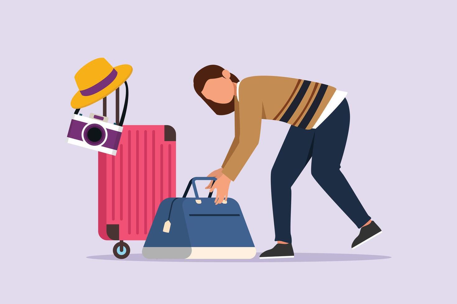 vrouw voorbereidingen treffen dingen naar Gaan reizend. op reis met zak of koffer concept. gekleurde vlak vector illustratie geïsoleerd.