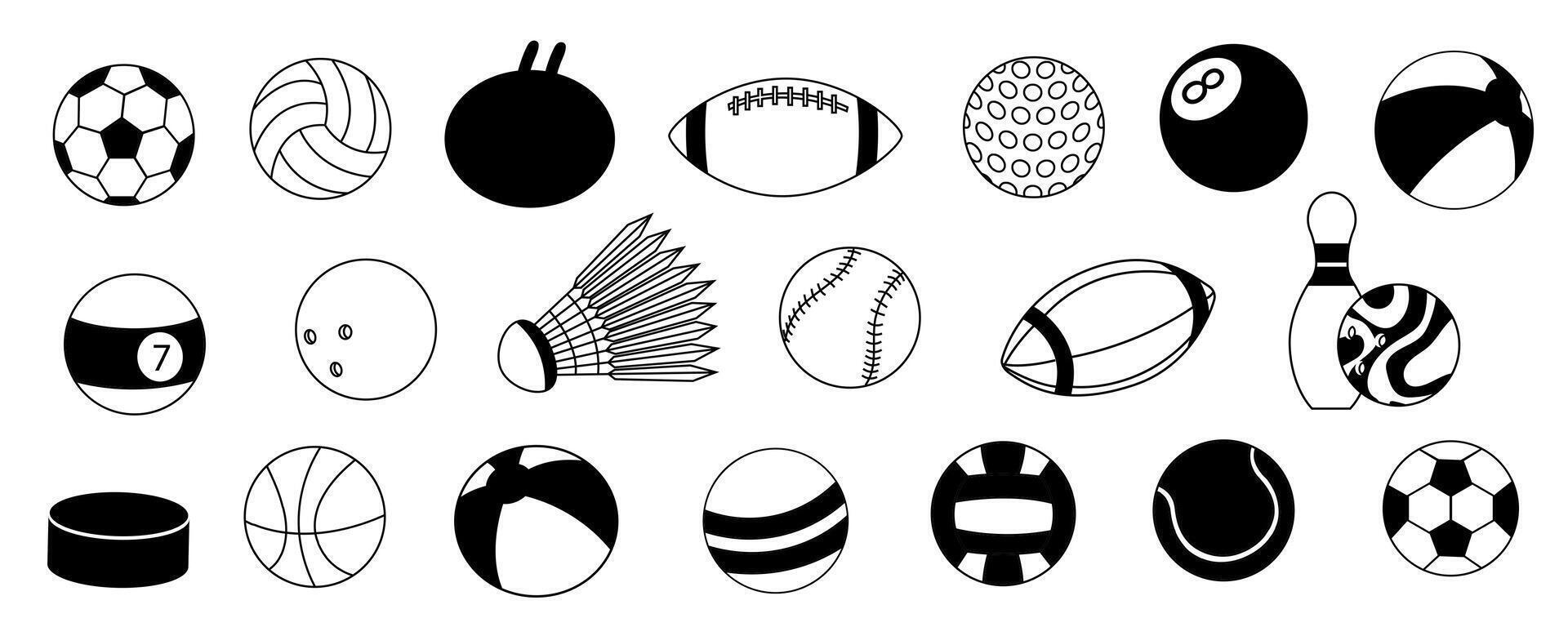 sport bal pictogrammen. tekenfilm spel bal silhouet vlak stijl, Amerikaans voetbal basketbal streetball en volleybal zwart symbolen. vector geïsoleerd verzameling