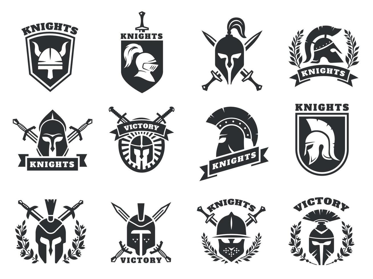 ridder helm logo. middeleeuws oude kruisvaarder viking soldaat beschermend hoofd schild met gekruiste Zwaarden schild voor etiket embleem kenteken. vector reeks