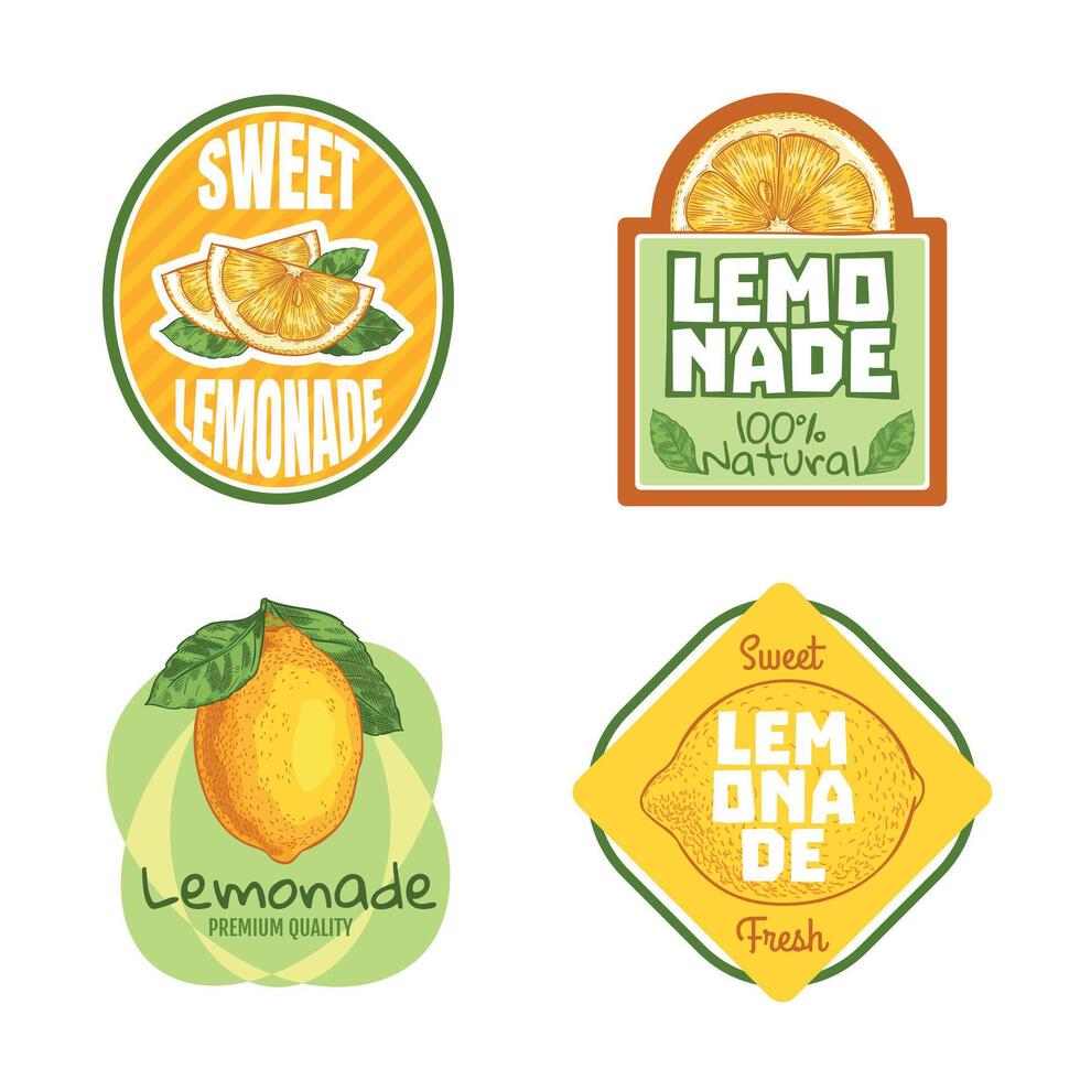 limonade label. natuurlijk drinken badges met citrus sap. vers biologisch Product met geel citroen fruit. zomer heerlijk drank vector