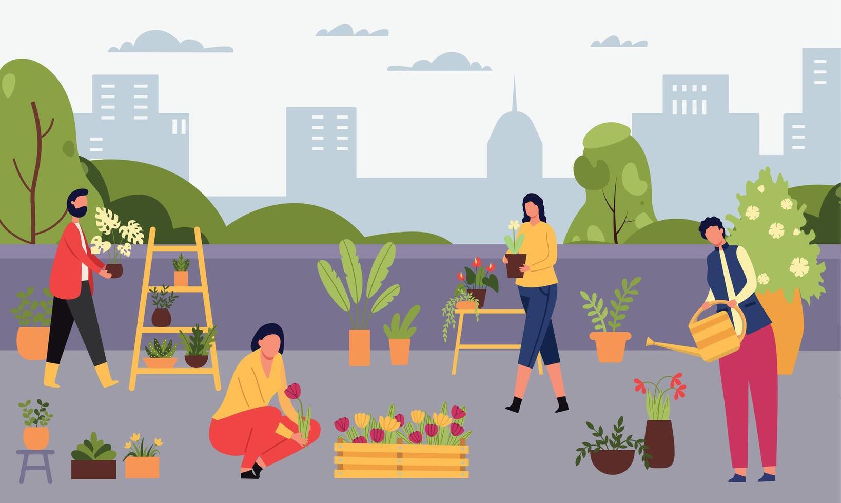 stedelijk tuinieren mensen, groeit bloem en planten vector