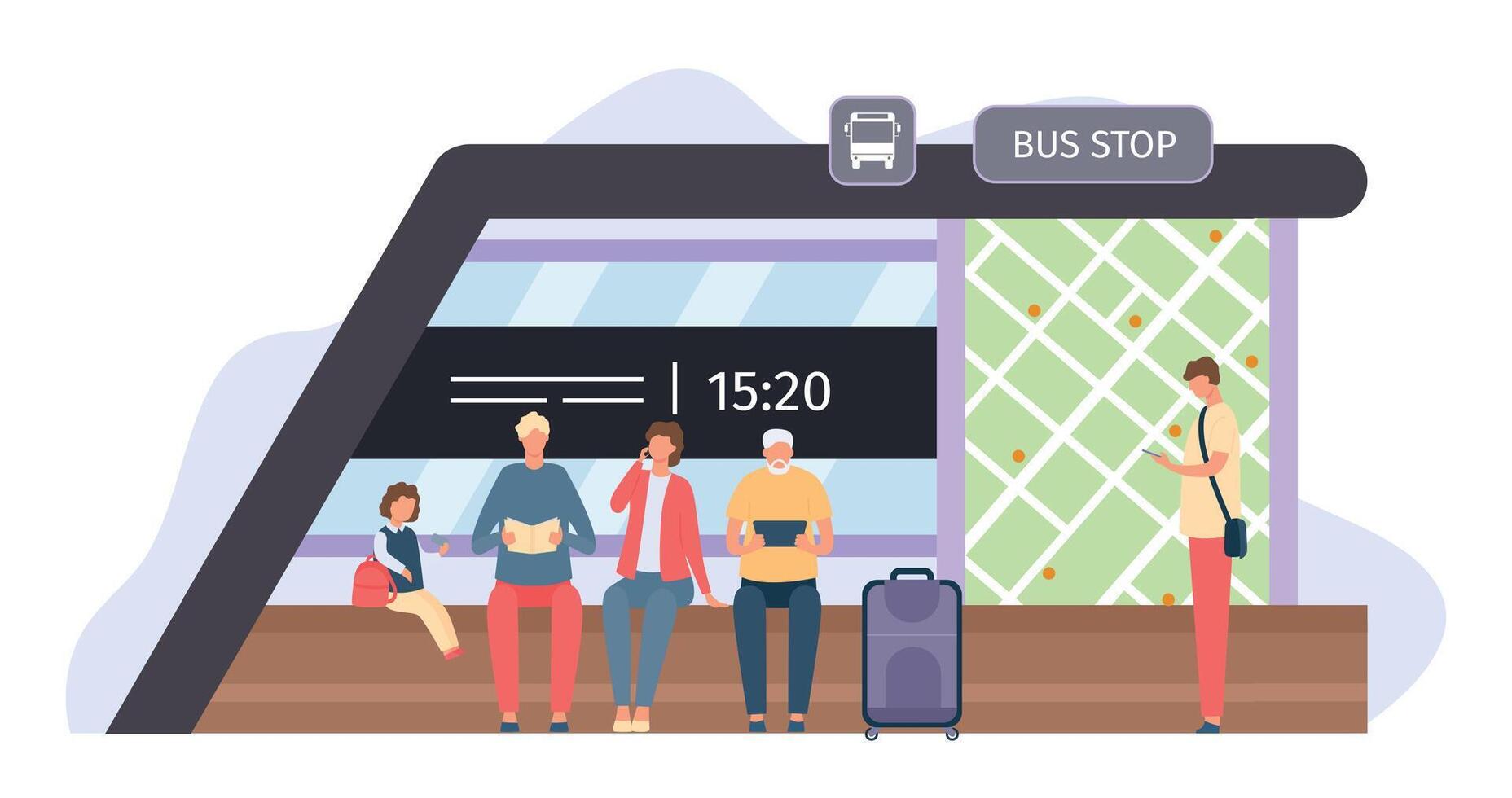 mensen aan het wachten Bij bus hou op. vrouw en mannetje passagiers zittend Bij modern station. Mens staand in de buurt route kaart vector