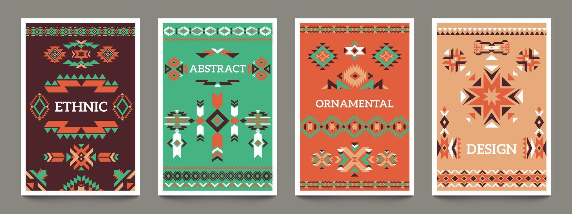 aztec meetkundig affiches. etnisch Mexicaans stam ornament, oude Indisch abstract ontwerp voor kaart folder Hoes afdrukken. vector modern reeks