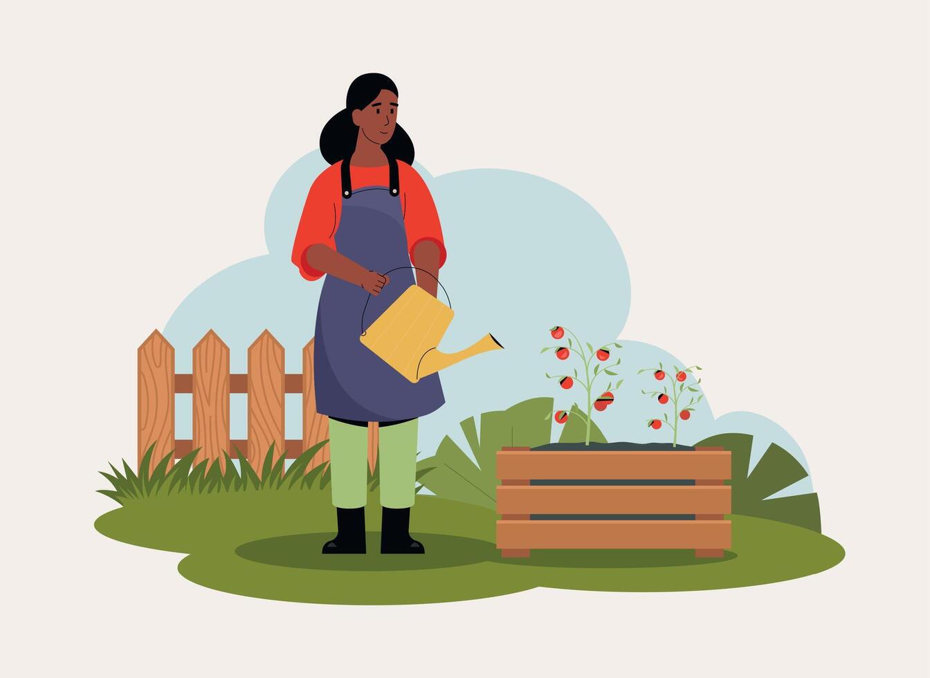 vrouw werken Bij tuin, gieter en tuinieren vector