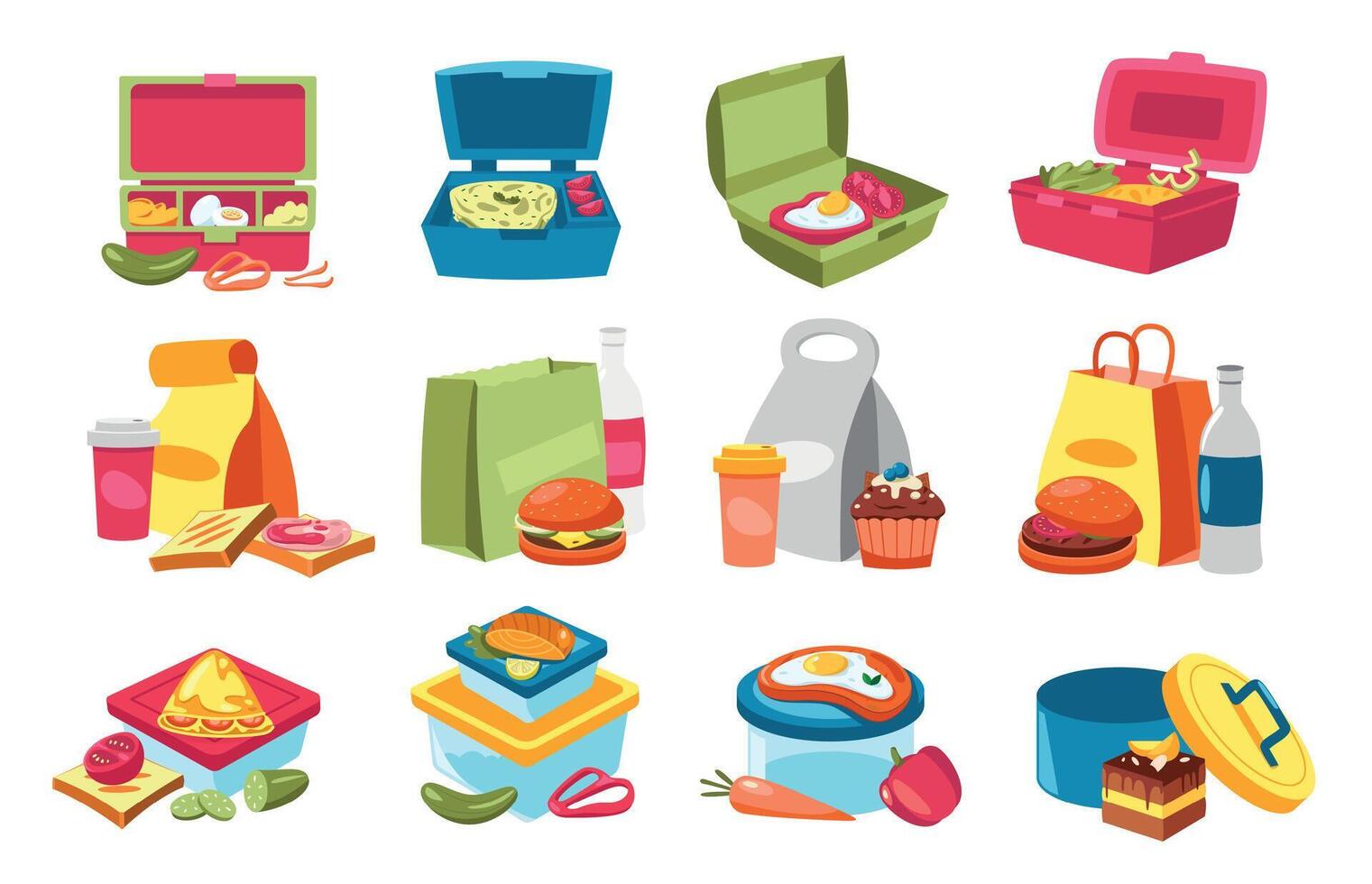 lunchbox voedsel. containers met eigengemaakt tussendoortje, groenten en fruit tekenfilm stijl, kleurrijk gezond maaltijd nul verspilling concept. vector vlak verzameling
