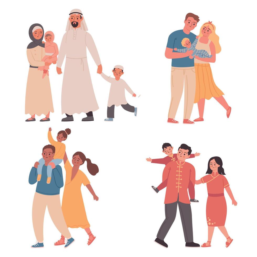 gezinnen van verschillend nationaliteiten. ouders met kinderen vervelend traditioneel Arabisch en Chinese kleren. moeder, vader en kinderen vector