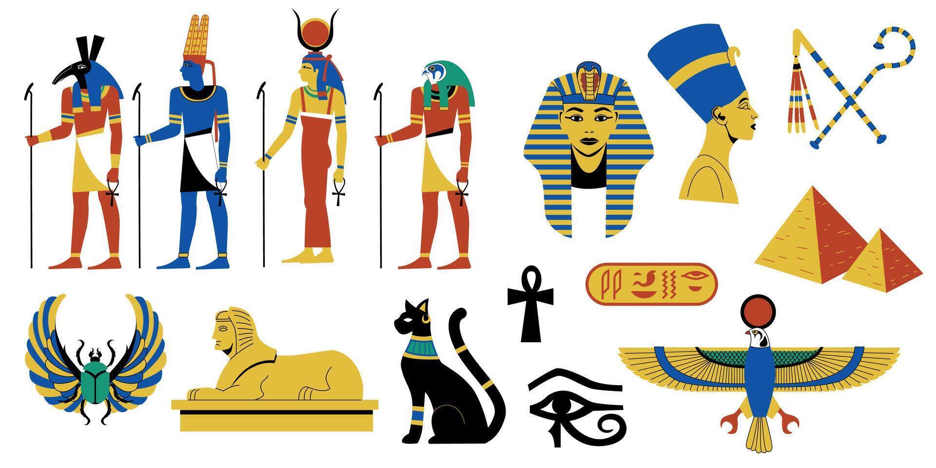 Egyptische mythologie verzameling. oude Egyptische religie en archeologie, hiëroglifisch symbolen van oude farao's goden en godinnen. vector reeks