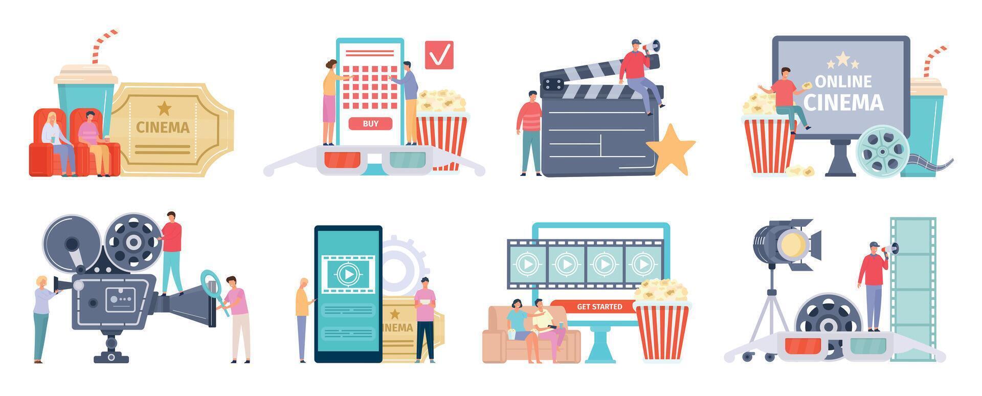 film maken industrie, film theater of online bioscoop concepten. tekenfilm mensen aan het kijken films Bij telefoon of TV en buying kaartjes vector reeks