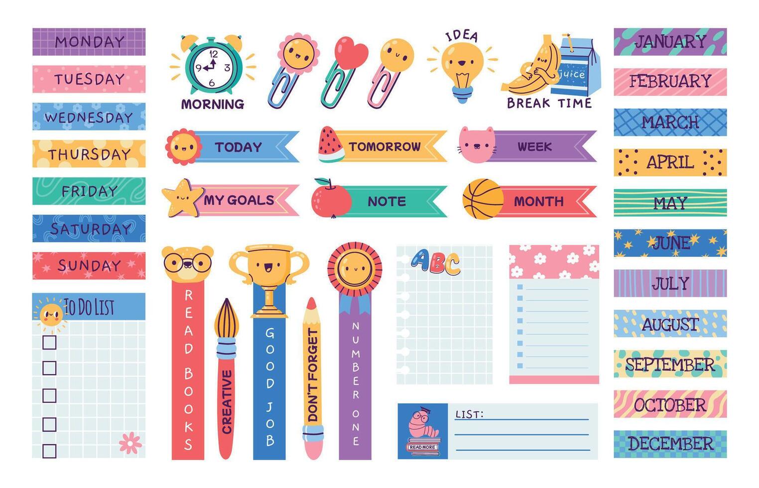 school- logboek stickers. tekenfilm ontwerper etiket memo labels, schattig dagboek schema organisator insigne bundel, notitieboekje bladzijde kleverig grenzen. vector geïsoleerd reeks