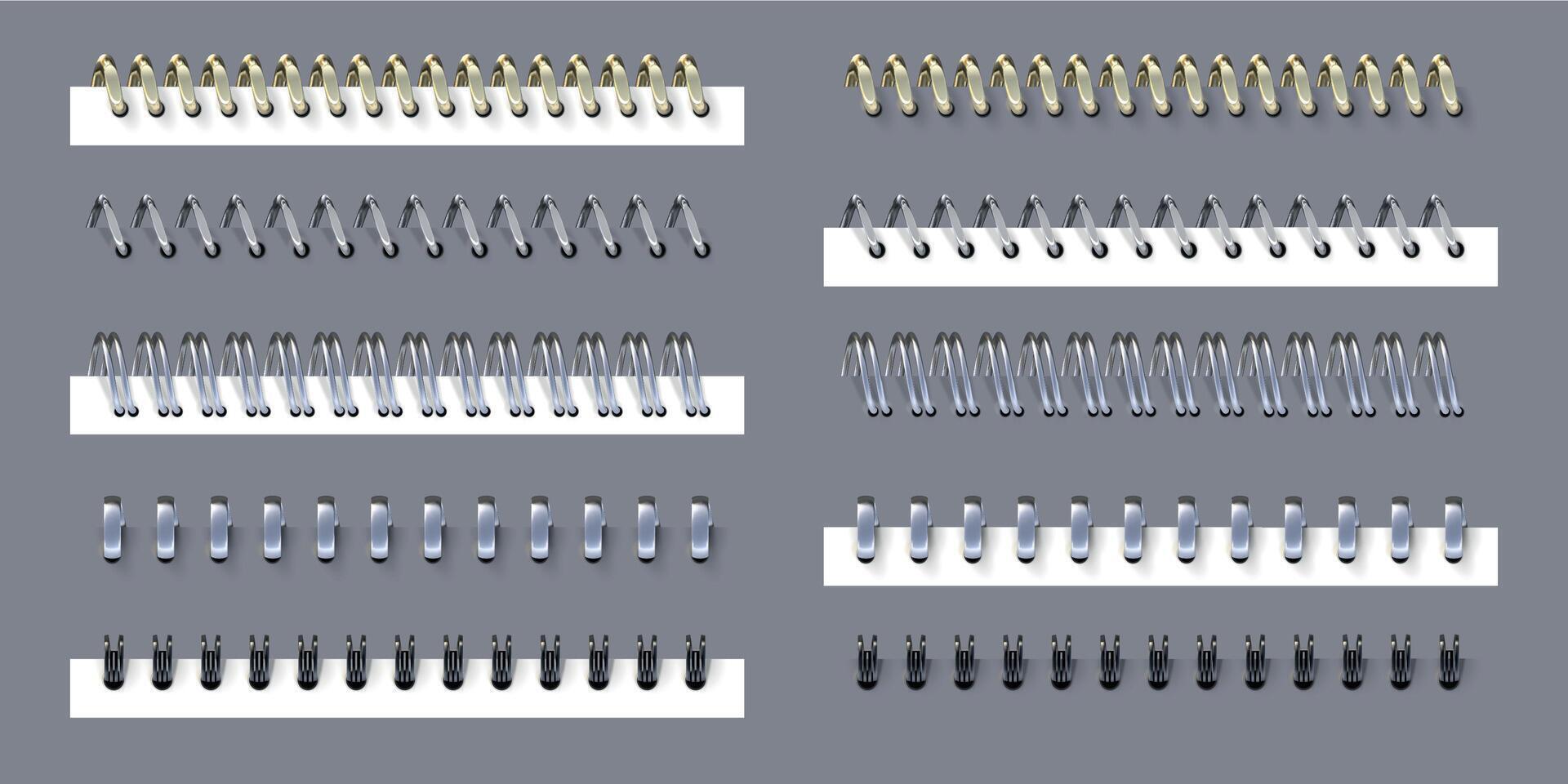 realistisch metaal spiraal en ring bindmiddelen voor notitieboekje of kalender. 3d zwart, staal en goud voorjaar of draad spoel binden papier Pagina's vector reeks