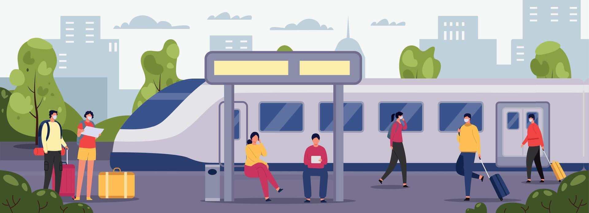 mensen Bij station. vrouw en mannetje tekens met bagage aan het wachten voor vervoer Bij spoorweg station vector