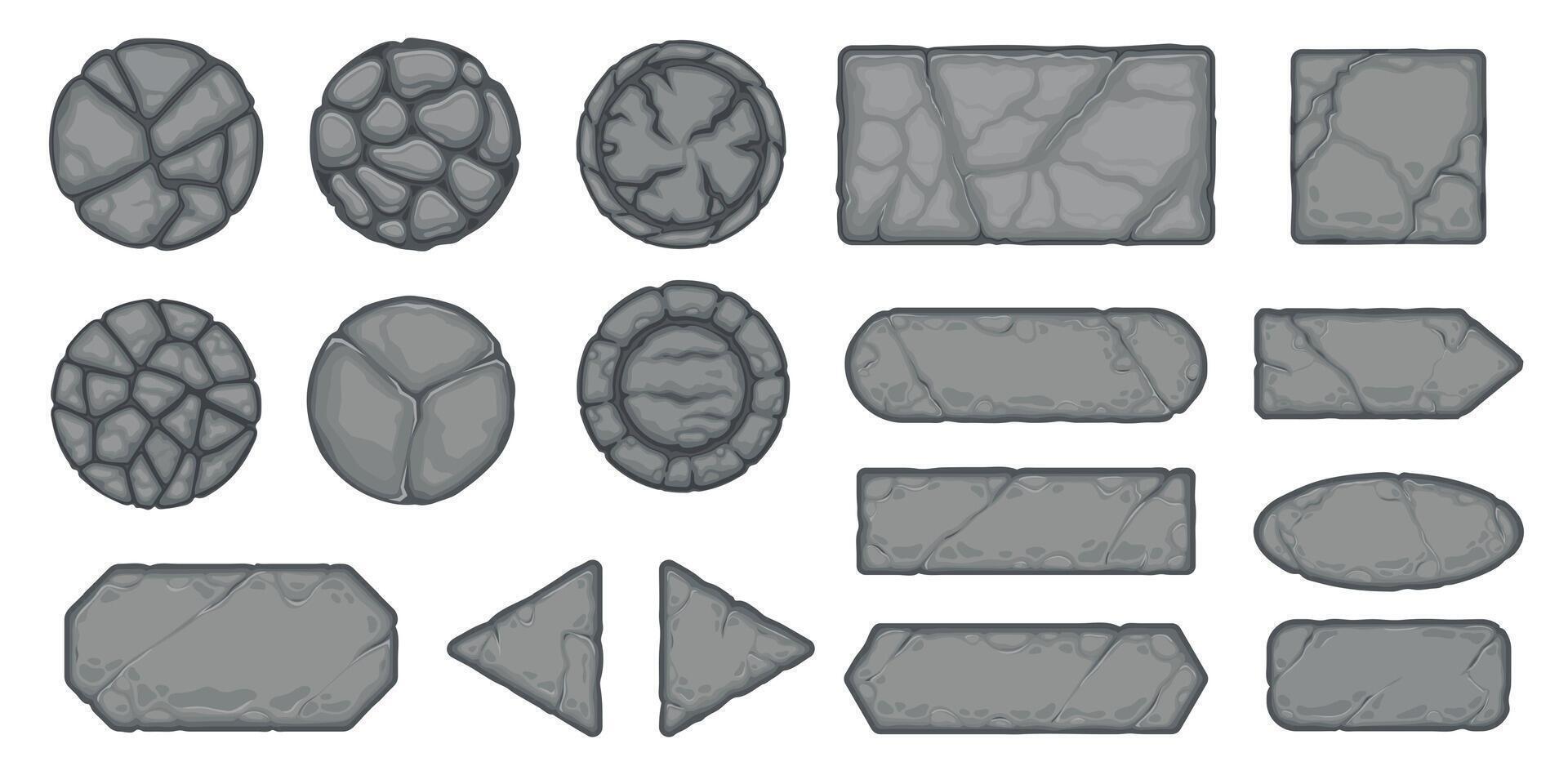 steen menu toetsen. middeleeuws gebarsten grens ui elementen, oud graniet blok kader pictogrammen voor mobiel app gebruiker koppel. vector geïsoleerd reeks