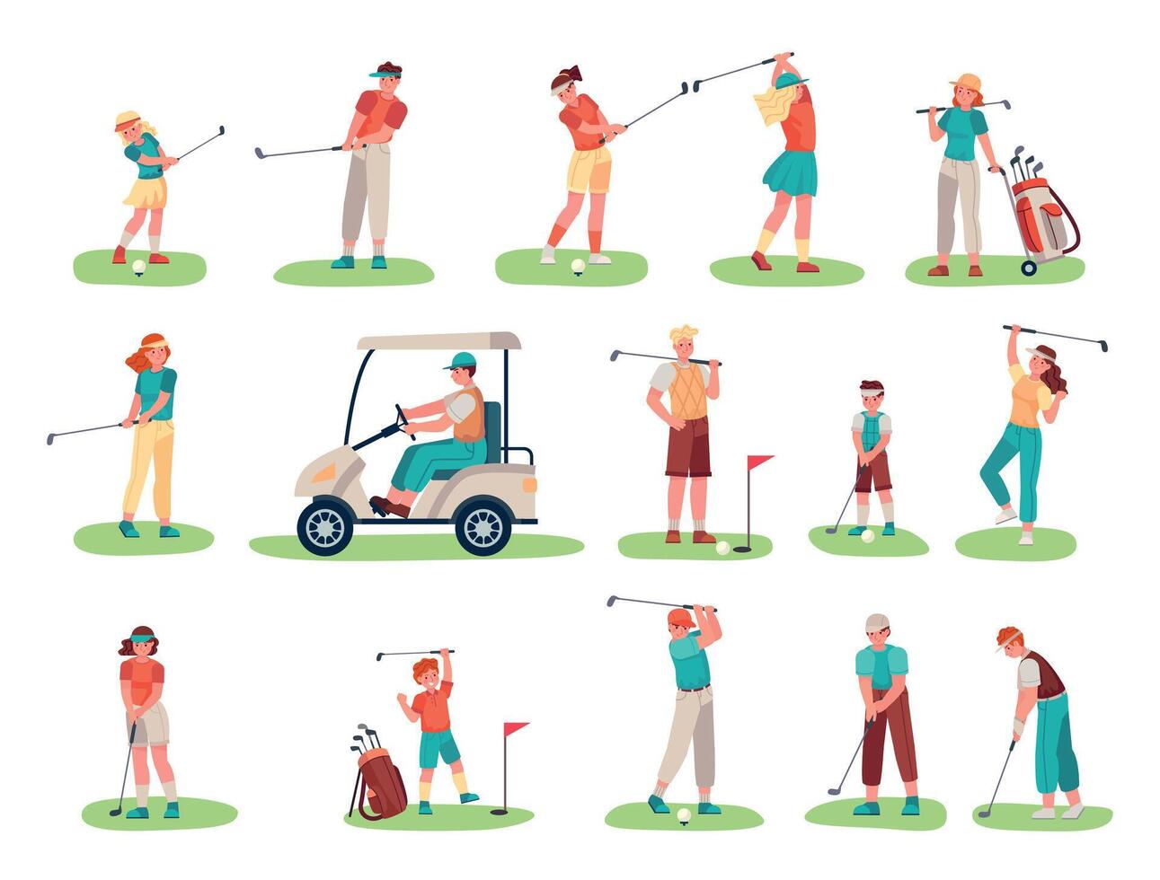 golf spelers karakters. kinderen en tiener- sporters met uitrusting spelen golf Aan gazon. mannetje karakter rijden kar vector