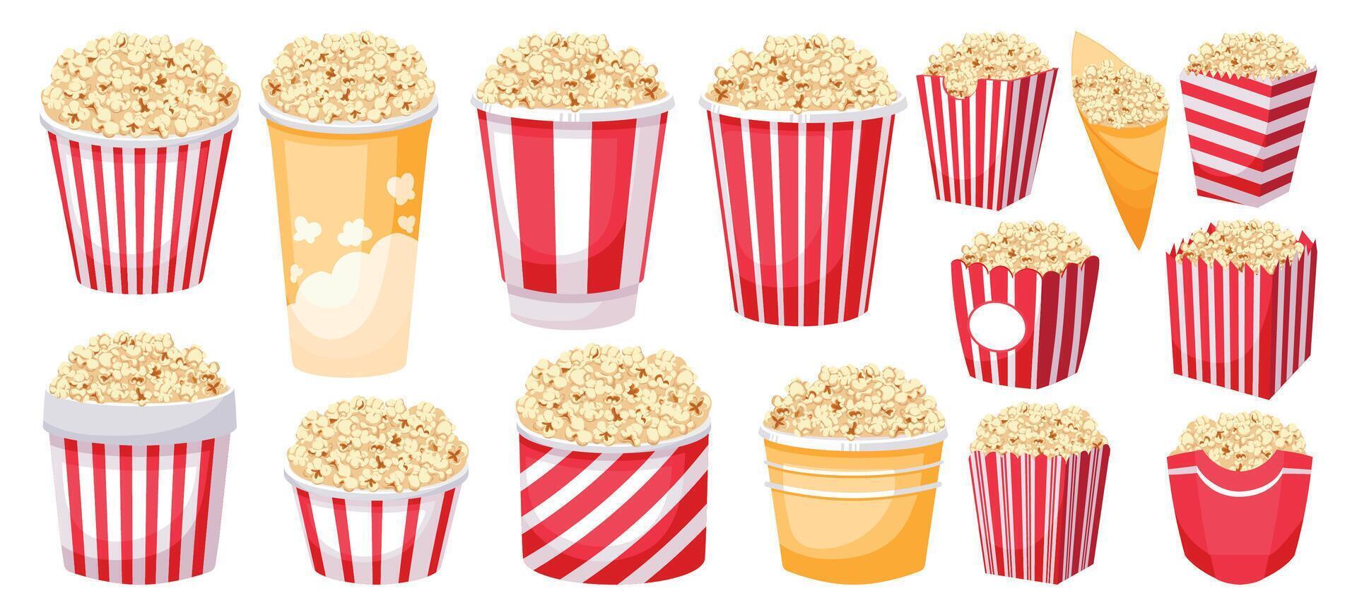 popcorn emmers. tekenfilm vakantie snacks mockup voor film en TV aan het kijken, groot medium en klein maten van popcorn papier kopjes. vector film pret voedsel reeks