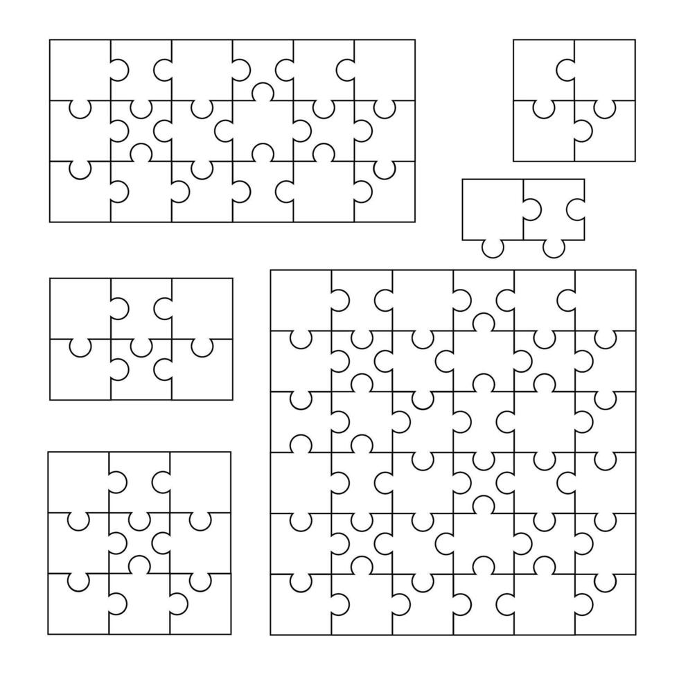 puzzel vormen. blanco decoupeerzaag stukken bij elkaar passen samen en gescheiden voor spel ontwerp, groep van tegel elementen samenspel probleem oplossing werkwijze. vector reeks