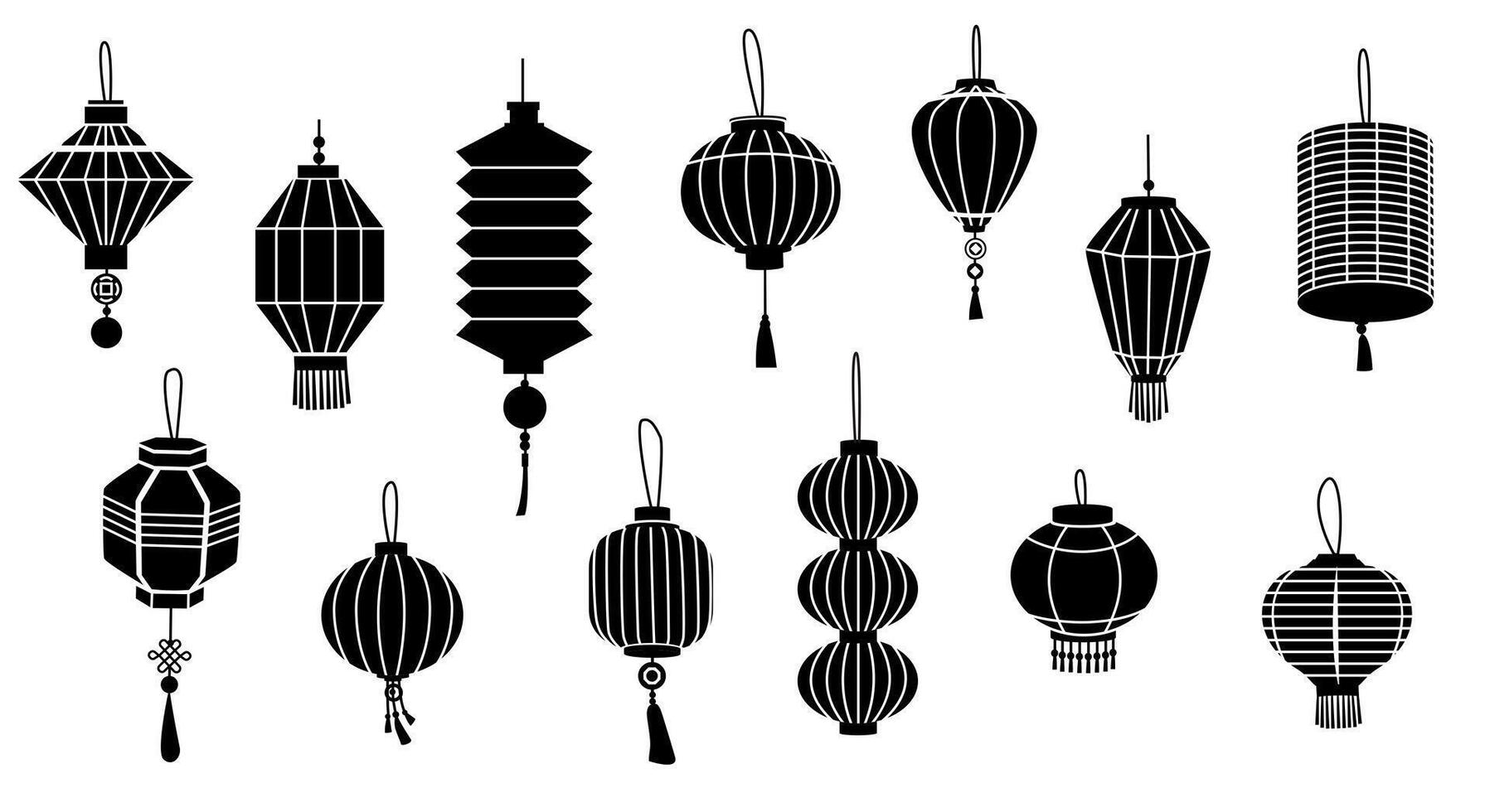 zwart Aziatisch lantaarns. gemakkelijk Chinese papier lampen silhouetten, traditioneel oosters lichten voor festival decoratie vakantie viering. vector geïsoleerd verzameling