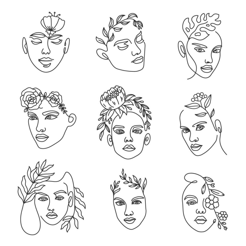 vrouw gezicht lijn met bloemen. doorlopend lijnen kunst met vrouw minimalistische portretten met boeket in haren. mode schoonheid logo vector reeks
